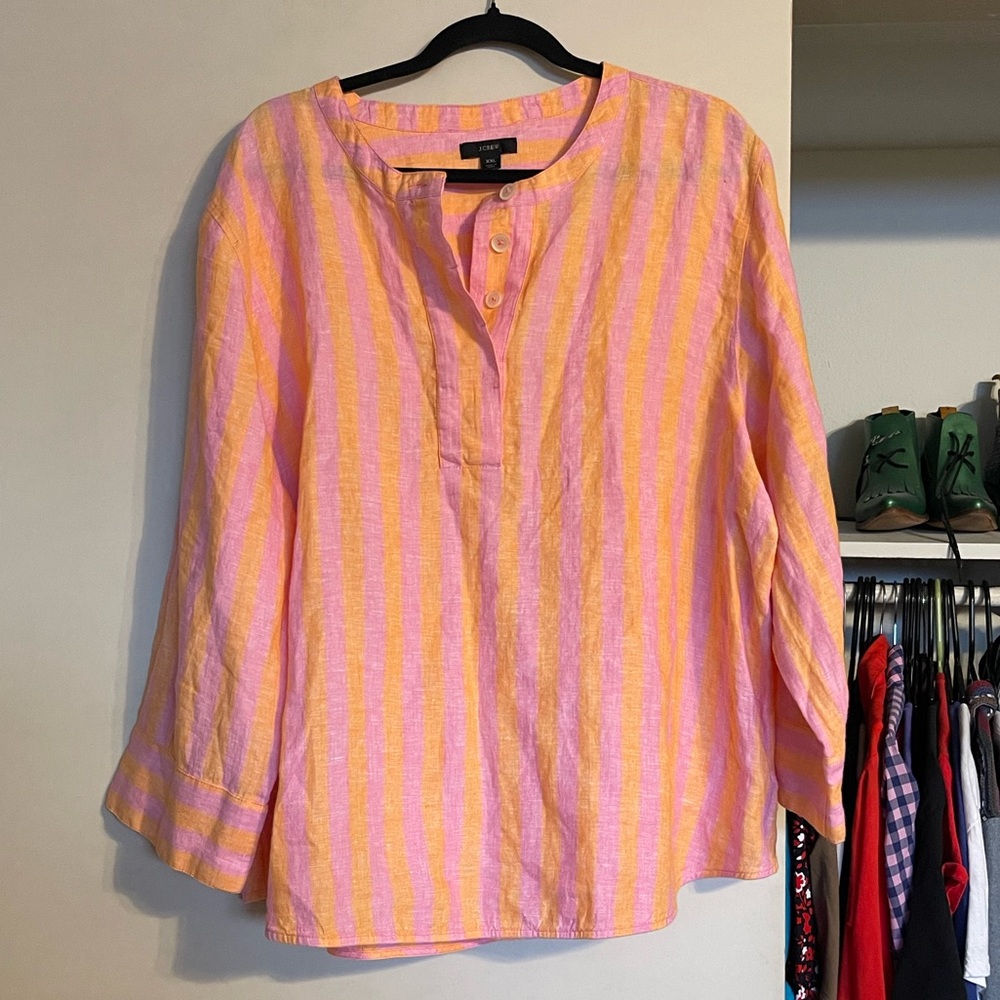 J. Crew Baude Linen Tunic Blouse Pink and Orange Striped 100% Linen sz XXL